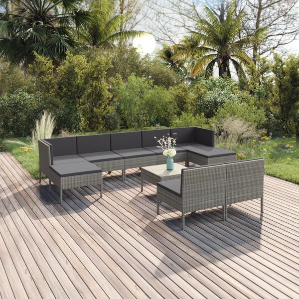 vidaXL 10 Piece Garden Lounge Set with Cushions Poly Rattan Grey
