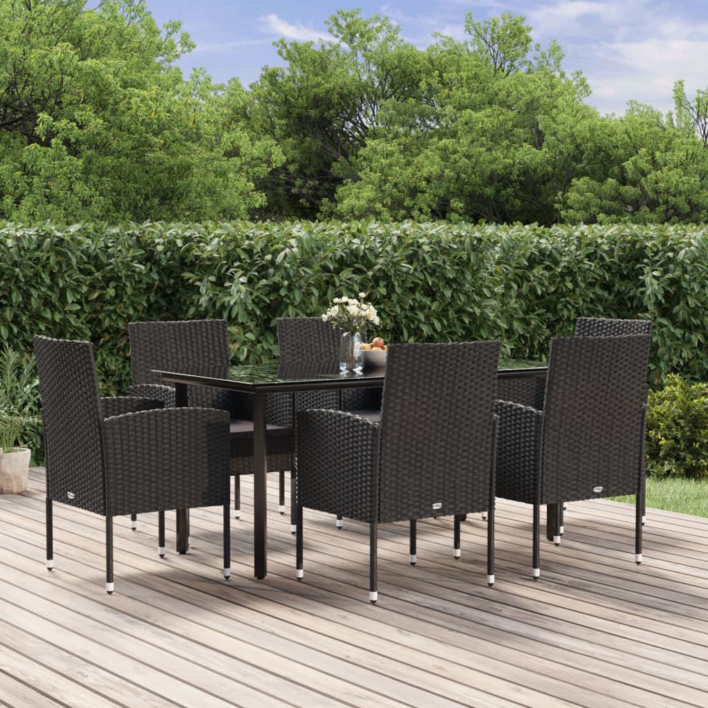vidaXL 7 Piece Garden Dining Set with Cushions Black Poly Rattan