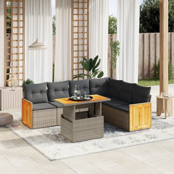 vidaXL 7 Piece Garden Sofa Set with Cushions Grey Poly Rattan