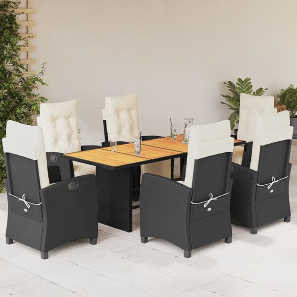 vidaXL 7 Piece Garden Dining Set with Cushions Black Poly Rattan