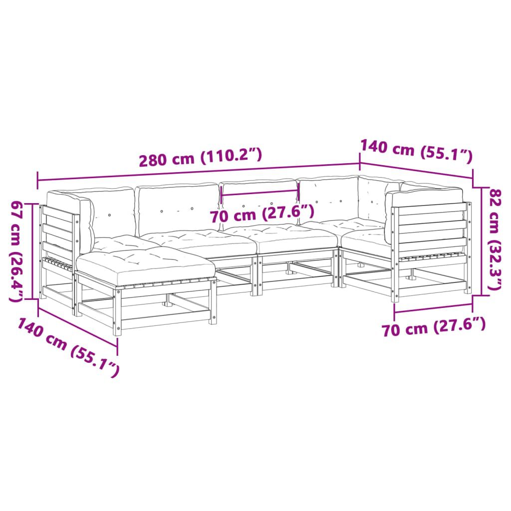 vidaXL 6 Piece Garden Sofa Set with Cushions Wax Brown Solid Wood Pine