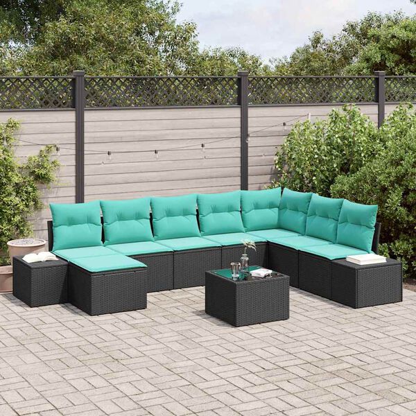 vidaXL Garden Sofa Set 8 pcs Black and Turquoise Poly Rattan