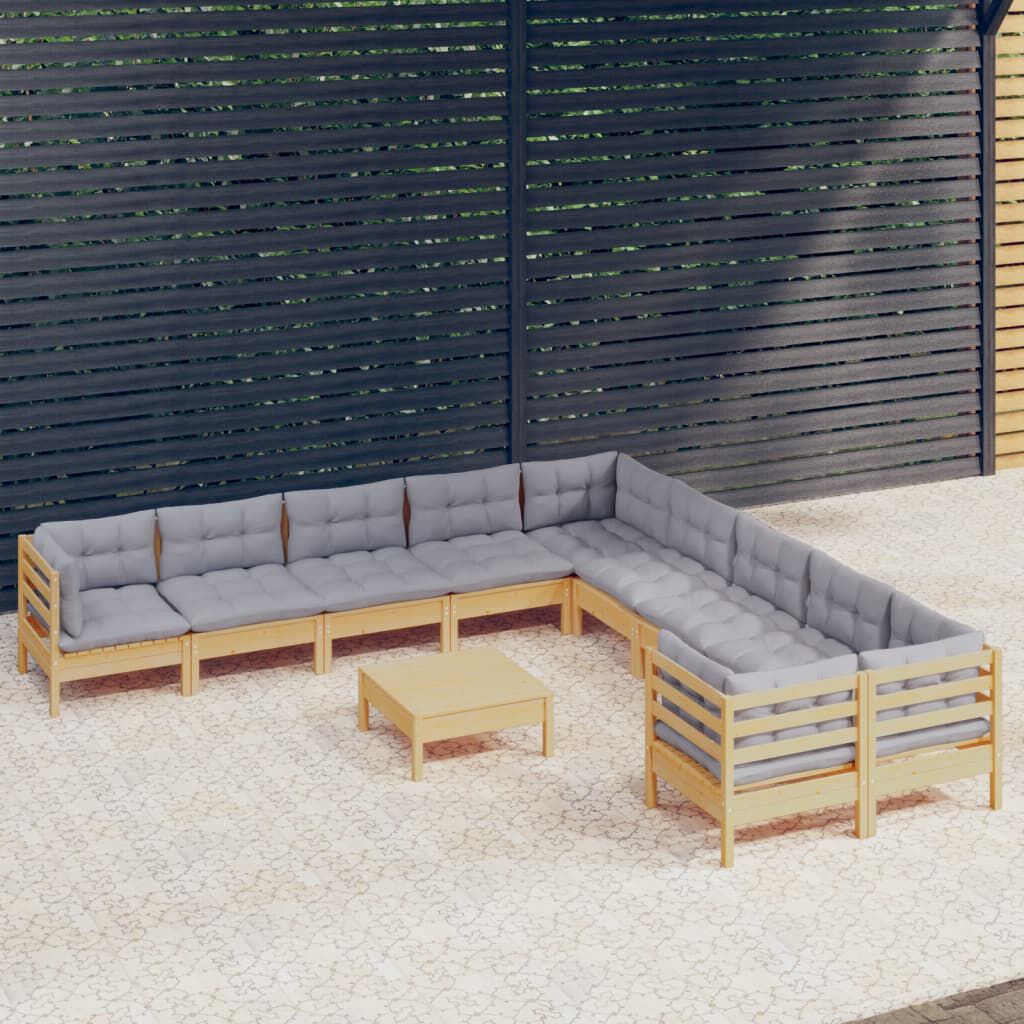 vidaXL 11 Piece Garden Lounge Set with Grey Cushions Pinewood