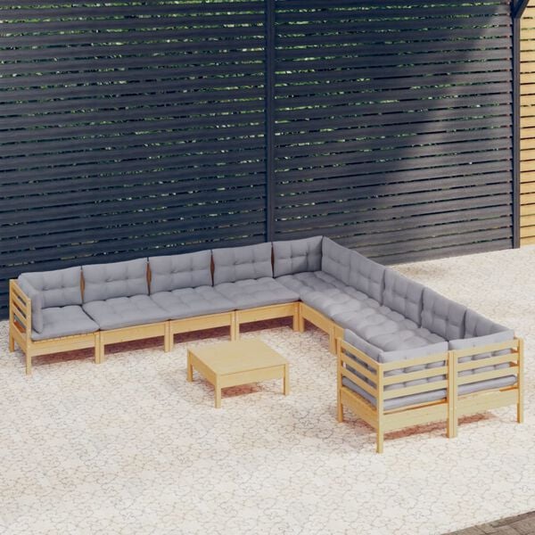 vidaXL 11 Piece Garden Lounge Set with Grey Cushions Pinewood
