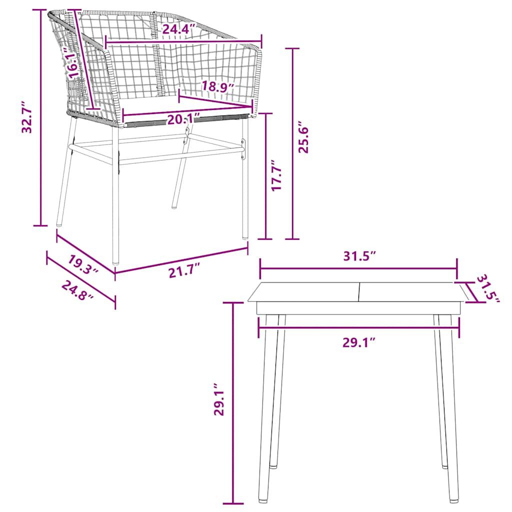 vidaXL 3 Piece Garden Dining Set with Cushions Brown Poly Rattan Glass