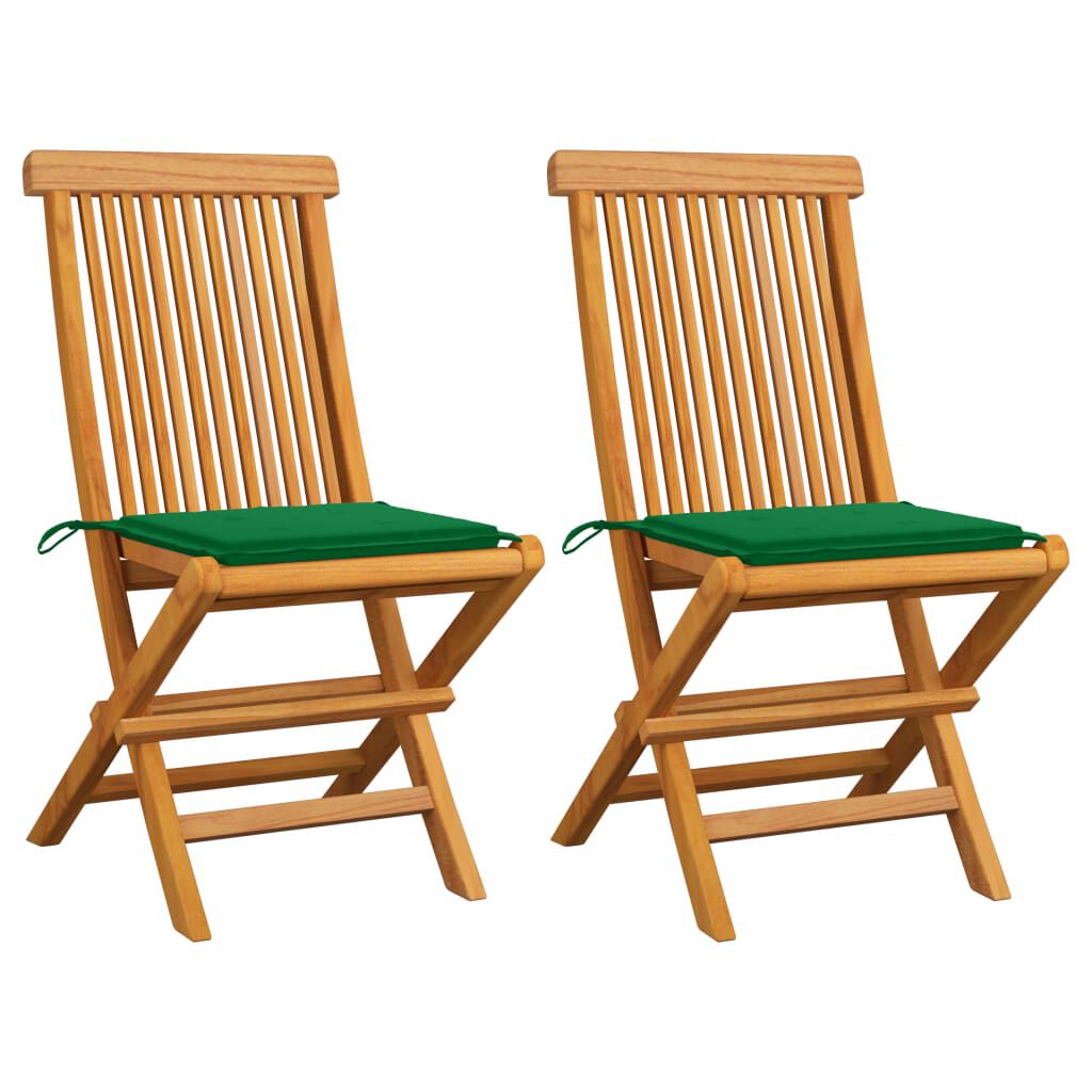 vidaXL Garden Chairs with Green Cushions 2 pcs Solid Teak Wood
