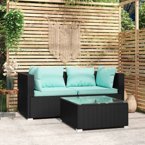 vidaXL 3 Piece Garden Lounge Set with Cushions Black Poly Rattan