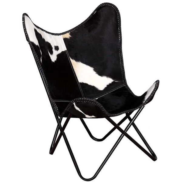 vidaXL Butterfly Chair Black and White Real Cowhide Leather