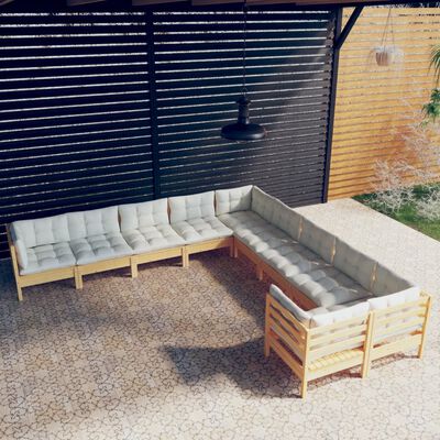 vidaXL 10 Piece Garden Lounge Set with Cream Cushions Pinewood