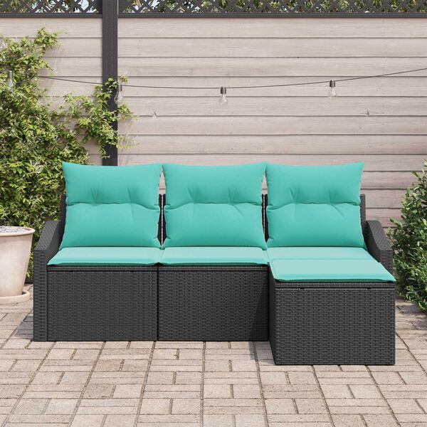 vidaXL 4 Piece Garden Sofa Set with Cushions Black Poly Rattan