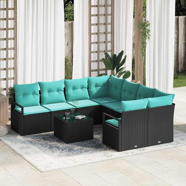 vidaXL Sofa Set with Cushion 9 pcs Black and Turquoise Poly Rattan