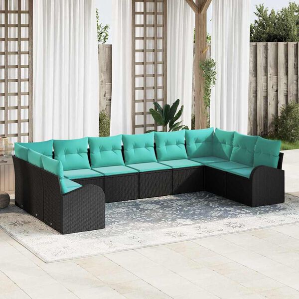vidaXL Garden Sofa Set 10 pcs Black and Turquoise Poly Rattan