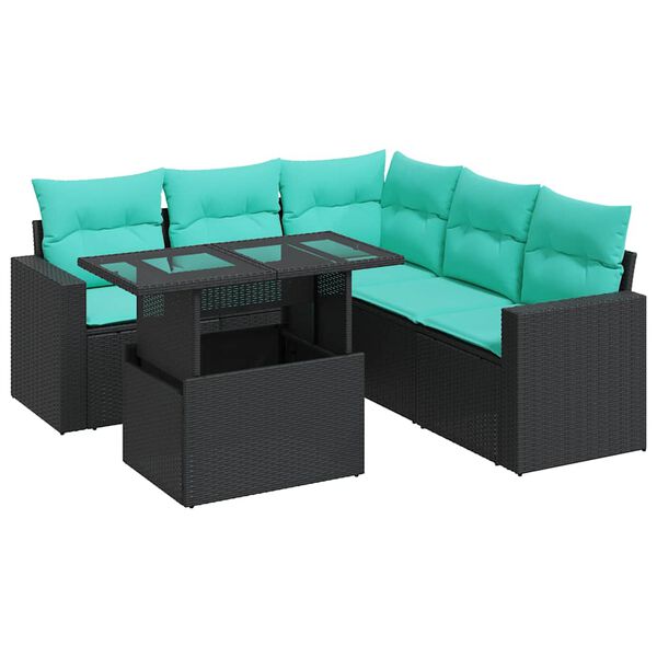 vidaXL 6 Piece Garden Sofa Set with Cushions Black Poly Rattan Acacia