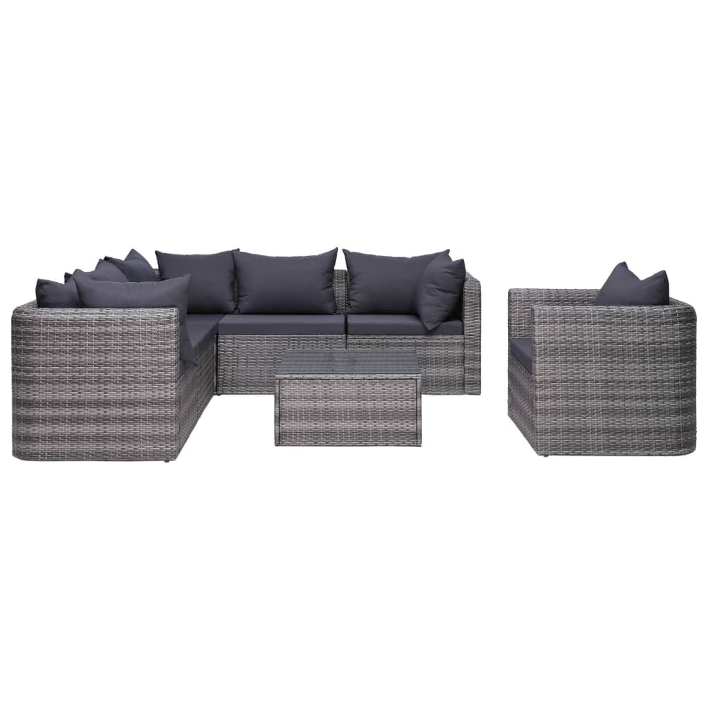 vidaXL 7 Piece Garden Sofa Set with Cushions & Pillows Poly Rattan Grey