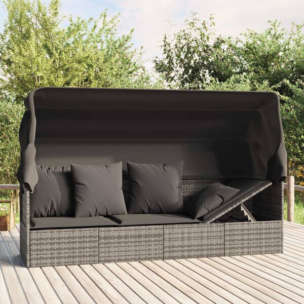 vidaXL Outdoor Lounge Bed with Roof and Cushions Grey Poly Rattan