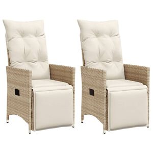 vidaXL Reclining Garden Chairs 2 pcs with Cushions Beige Poly Rattan