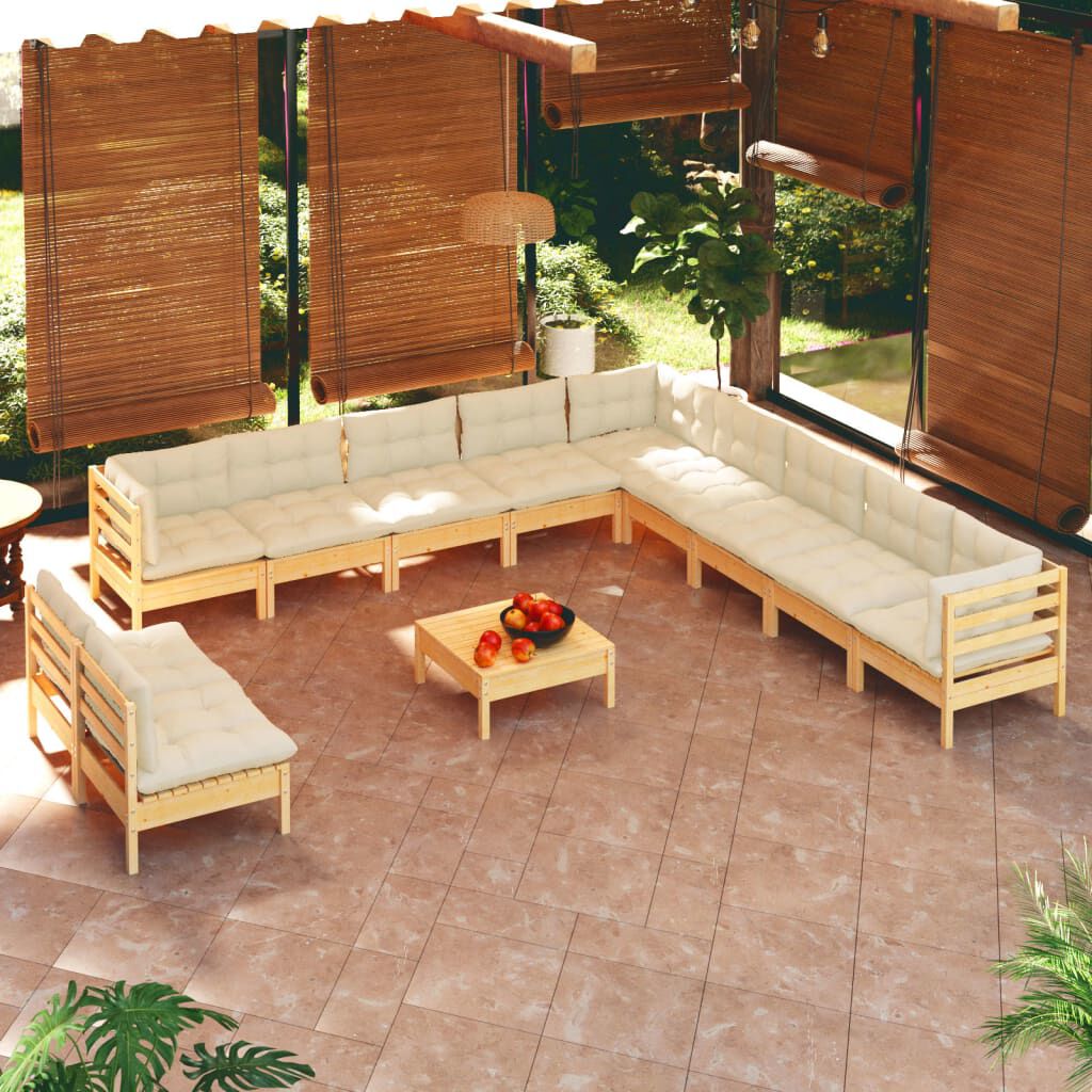 vidaXL 12 Piece Garden Lounge Set with Cream Cushions Solid Pinewood