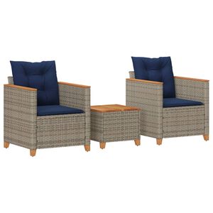 vidaXL 3 Piece Bistro Set with Cushions Grey Poly Rattan Acacia Wood