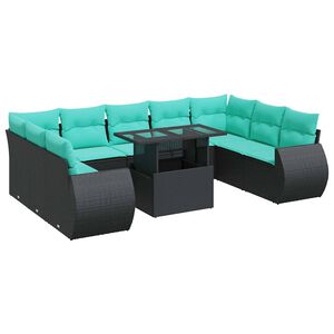 vidaXL 10 Piece Garden Sofa Set with Cushions Black Poly Rattan Acacia