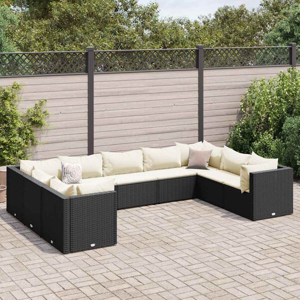 vidaXL 9 Piece Garden Lounge Set with Cushions Black Poly Rattan