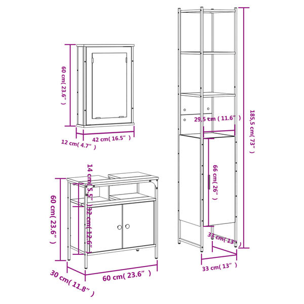 vidaXL 3 Piece Bathroom Furniture Set Smoked Oak Engineered Wood