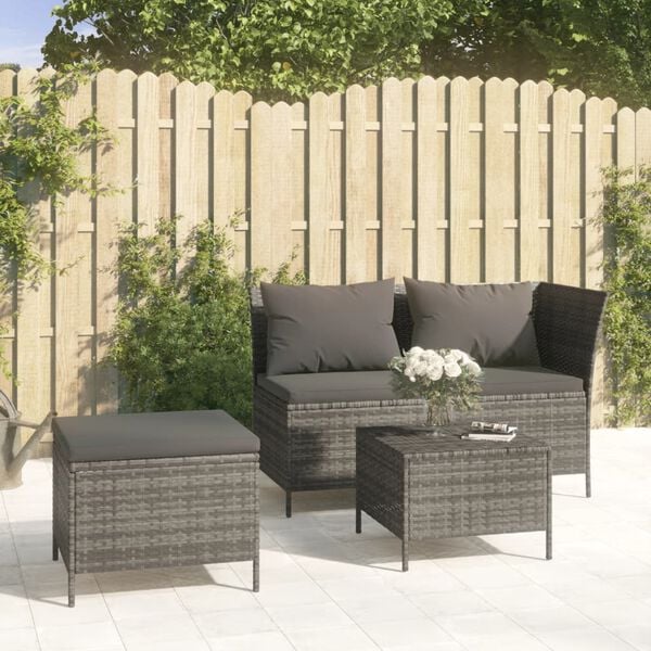 vidaXL 3 Piece Garden Lounge Set with Cushions Grey Poly Rattan