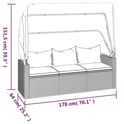 vidaXL 3-Seater Garden Sofa with Roof and Footstool Black Poly Rattan