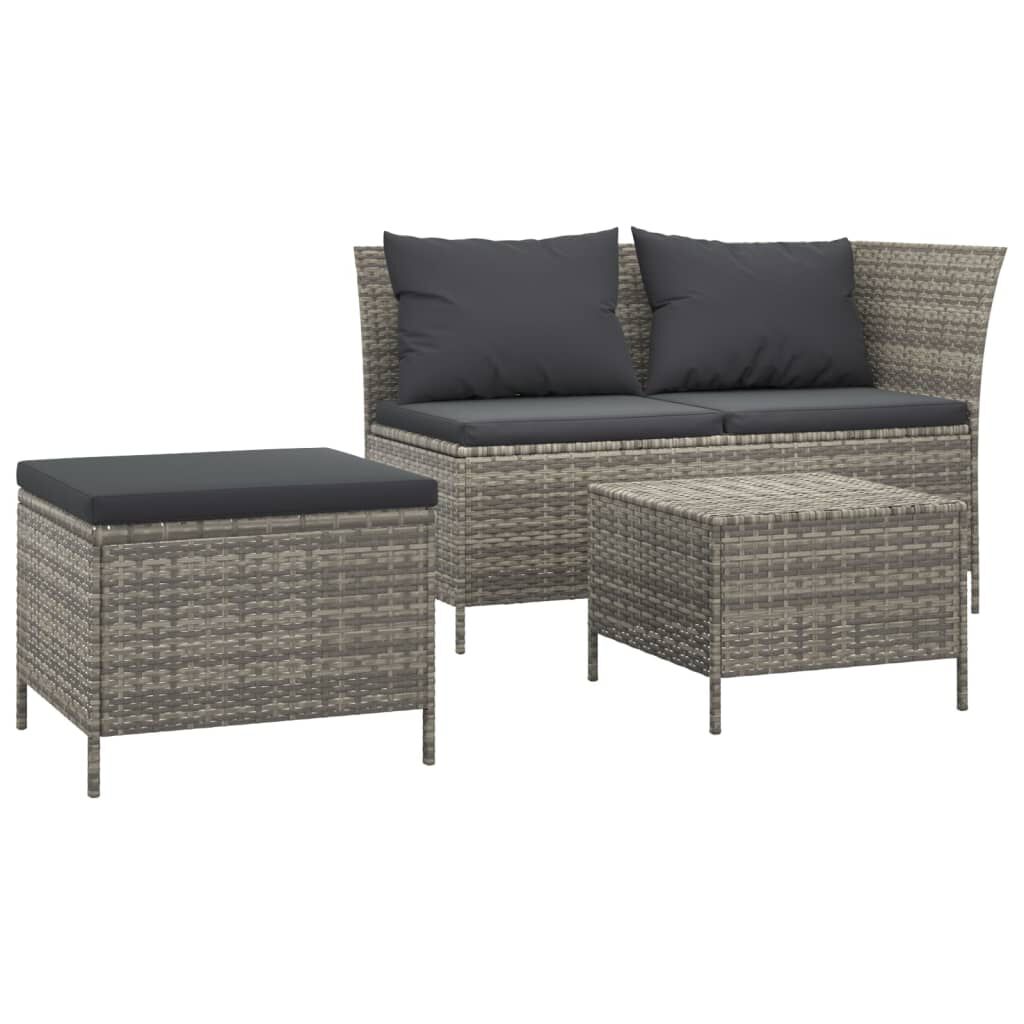 vidaXL 3 Piece Garden Lounge Set with Cushions Grey Poly Rattan