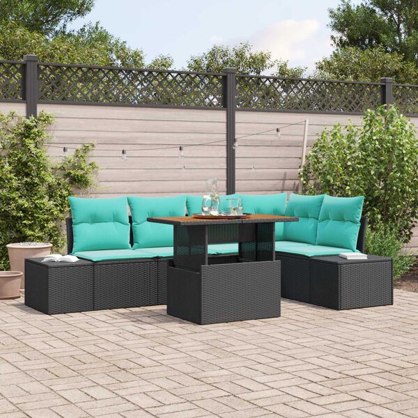 vidaXL 6 Piece Garden Sofa Set with Cushions Black Poly Rattan Acacia