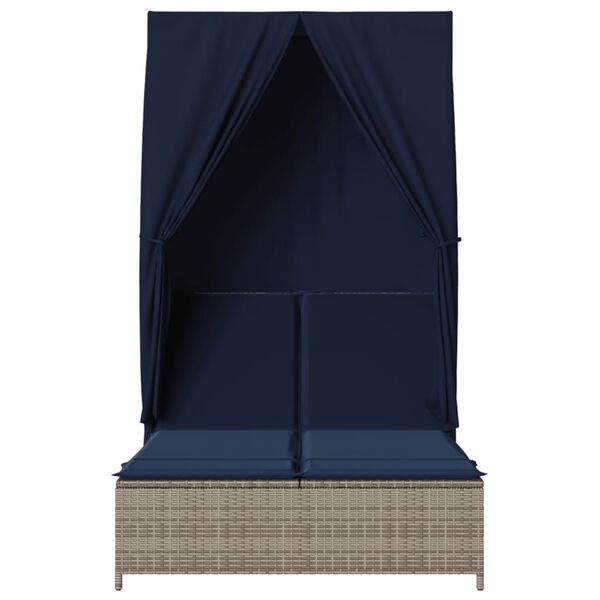 vidaXL Double Sun Lounger with Roof and Curtains Grey Poly Rattan