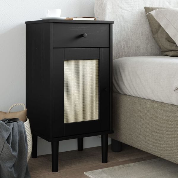 vidaXL Bedside Cabinet SENJA Rattan Look Black 40x35x80 cm Solid Wood Pine