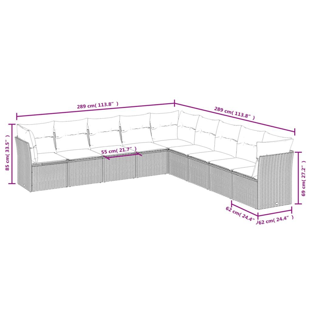 vidaXL 9 Piece Garden Sofa Set with Cushions Brown Poly Rattan