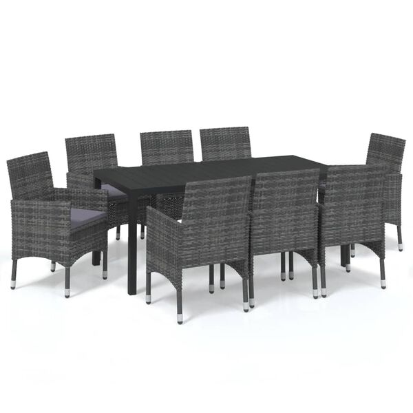 vidaXL 9 Piece Garden Dining Set with Cushions Poly Rattan Grey
