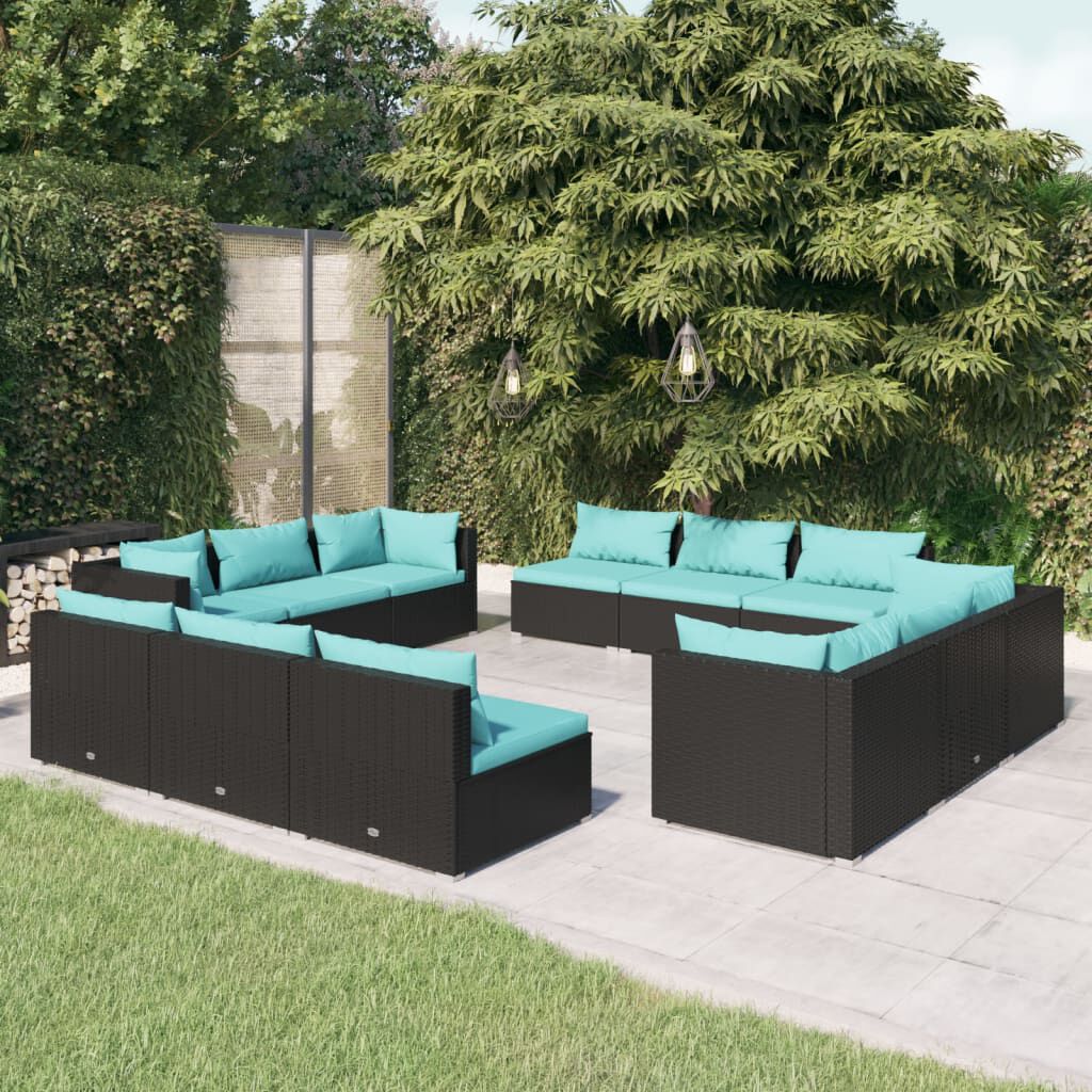 vidaXL 12 Piece Garden Lounge Set with Cushions Poly Rattan Black