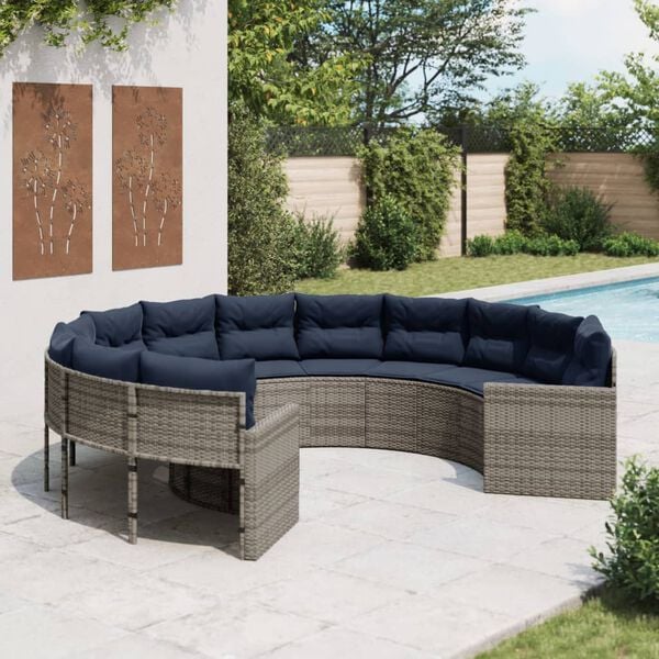 vidaXL Garden Sofa with Cushions Round Grey Poly Rattan
