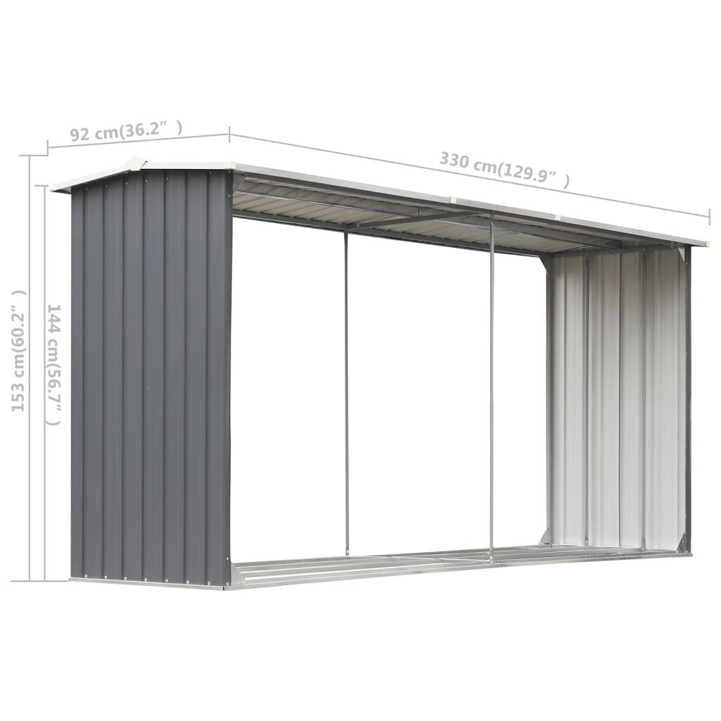 vidaXL Garden Log Storage Shed Galvanised Steel 330x92x153 cm Grey