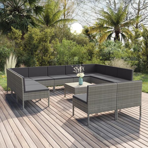 vidaXL 12 Piece Garden Lounge Set with Cushions Poly Rattan Grey