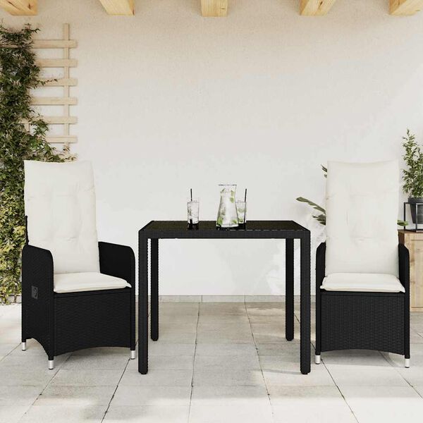 vidaXL 3 Piece Garden Bistro Set with Cushions Black Poly Rattan