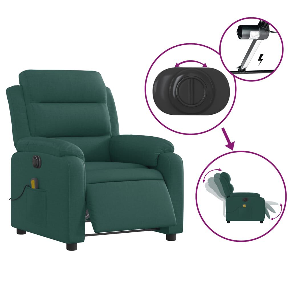 vidaXL Electric Massage Recliner Chair Dark Green Fabric