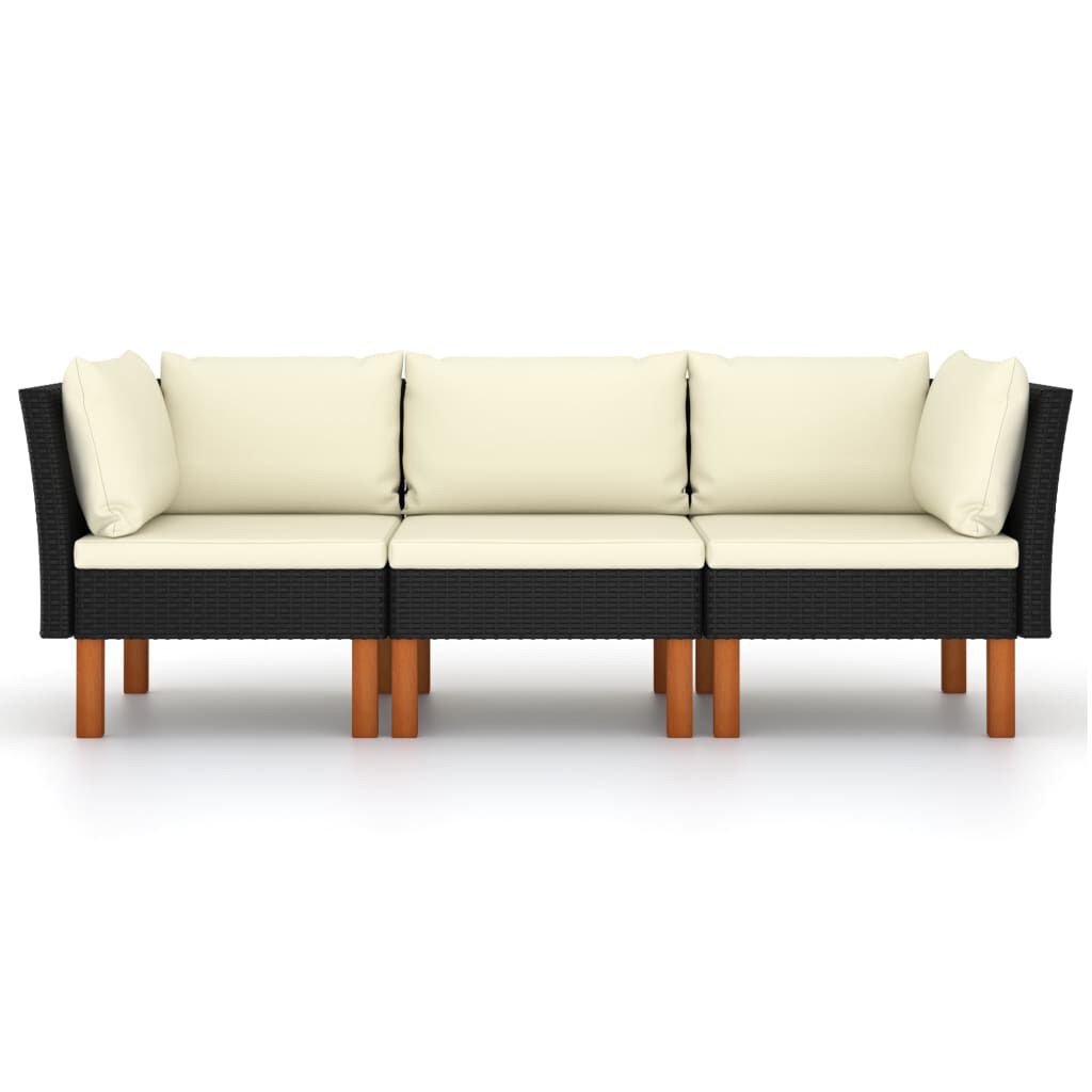 vidaXL 3-Seater Garden Sofa with Cushions Black Poly Rattan
