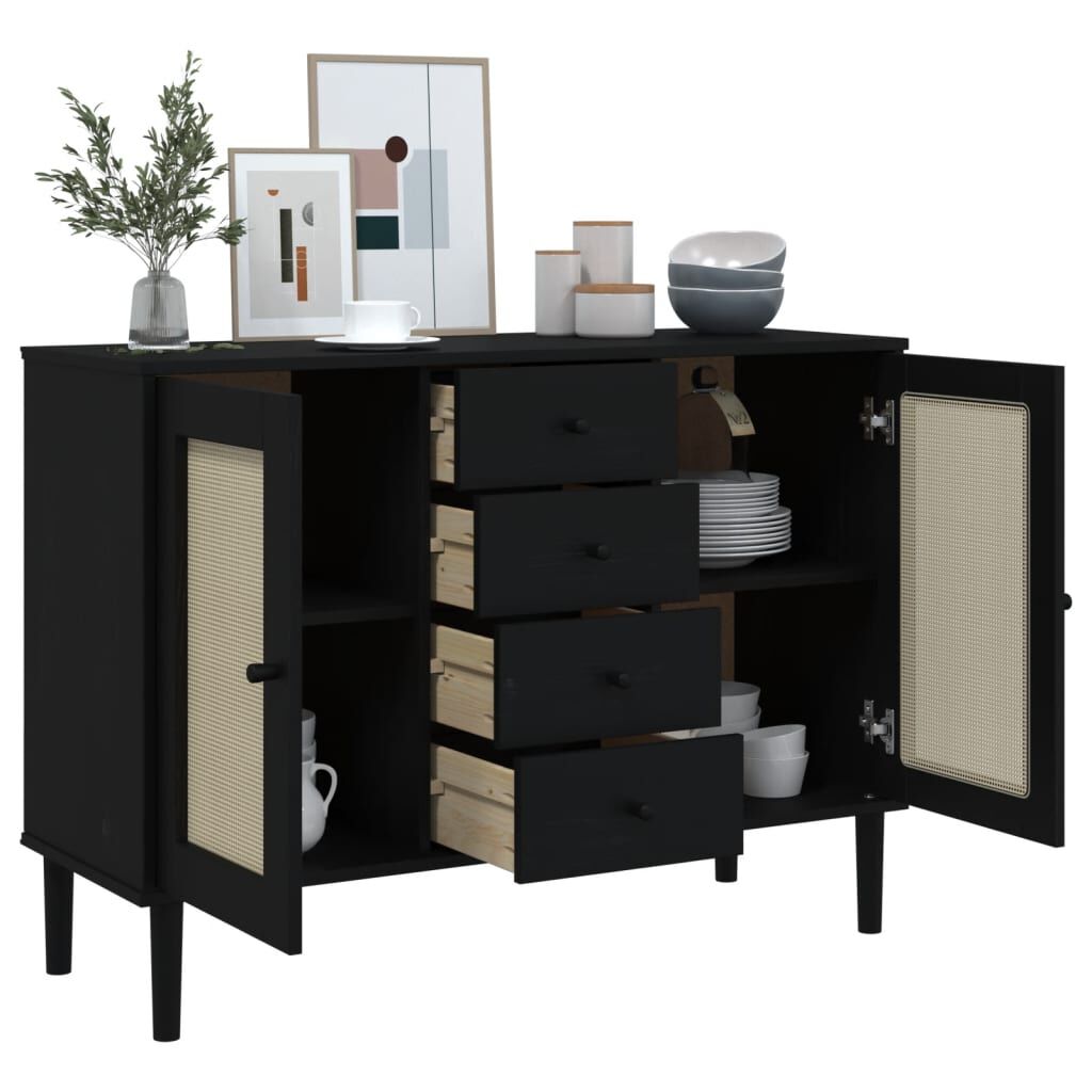 vidaXL Sideboard SENJA Rattan Look Black 112x40x80 cm Solid Wood Pine