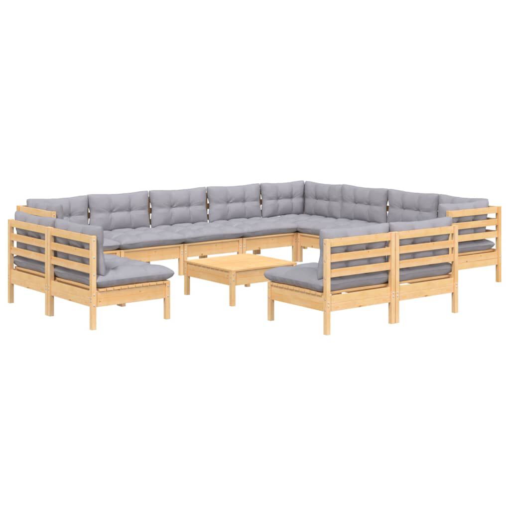 vidaXL 13 Piece Garden Lounge Set with Grey Cushions Solid Pinewood