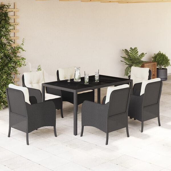 vidaXL 7 Piece Garden Dining Set with Cushions Black Poly Rattan