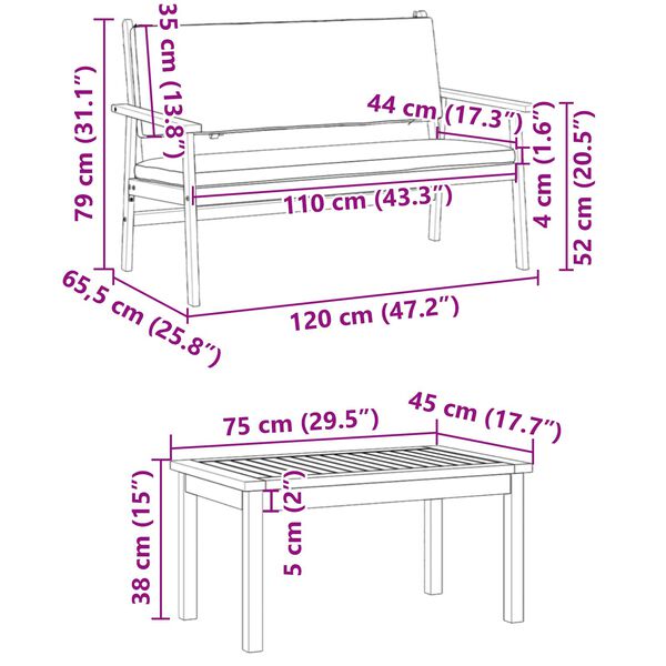 vidaXL 3 Piece Garden Sofa Set with Cushions Solid Wood Acacia