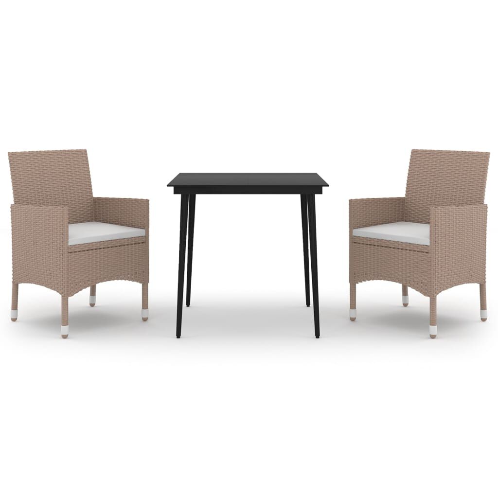 vidaXL 3 Piece Garden Dining Set with Cushions Poly Rattan and Glass
