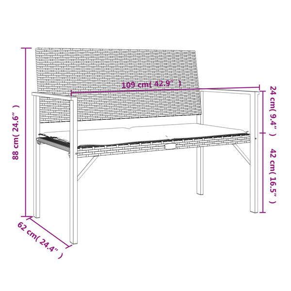 vidaXL 2-Seater Garden Bench with Cushion Black Poly Rattan