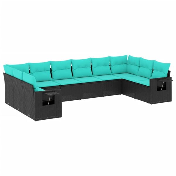 vidaXL 10 Piece Garden Sofa Set with Cushions Black Poly Rattan