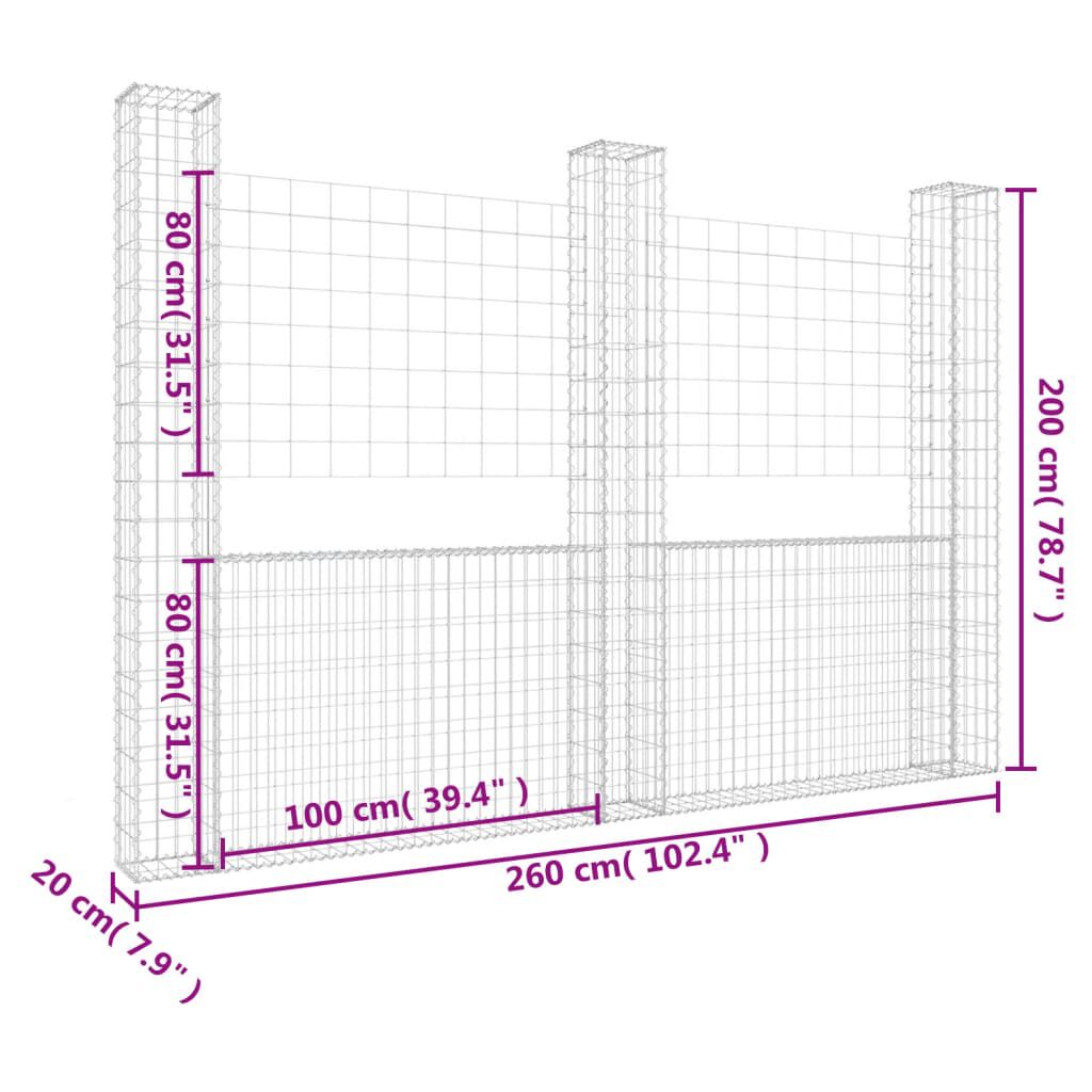 vidaXL U-shape Gabion Basket with 3 Posts Iron 260x20x200 cm