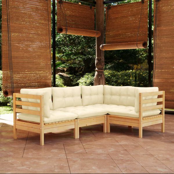 vidaXL 4 Piece Garden Lounge Set with Cream Cushions Pinewood