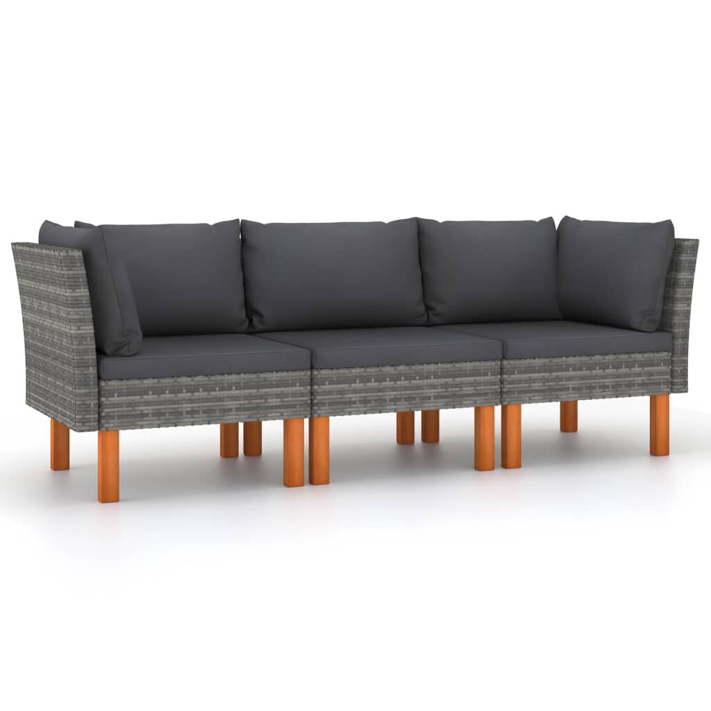 vidaXL 3-Seater Garden Sofa with Cushions Grey Poly Rattan